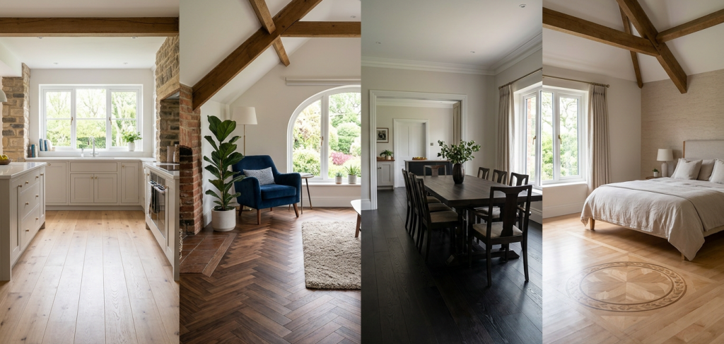 Four-panel side-by-side comparison showcasing different hardwood flooring styles in home interiors: light oak straight planks in a kitchen, dark walnut herringbone pattern in a cozy nook, deep espresso/black stained wood in a formal dining room, and light natural wood featuring a decorative circular parquet inlay in a bedroom with exposed ceiling beams.